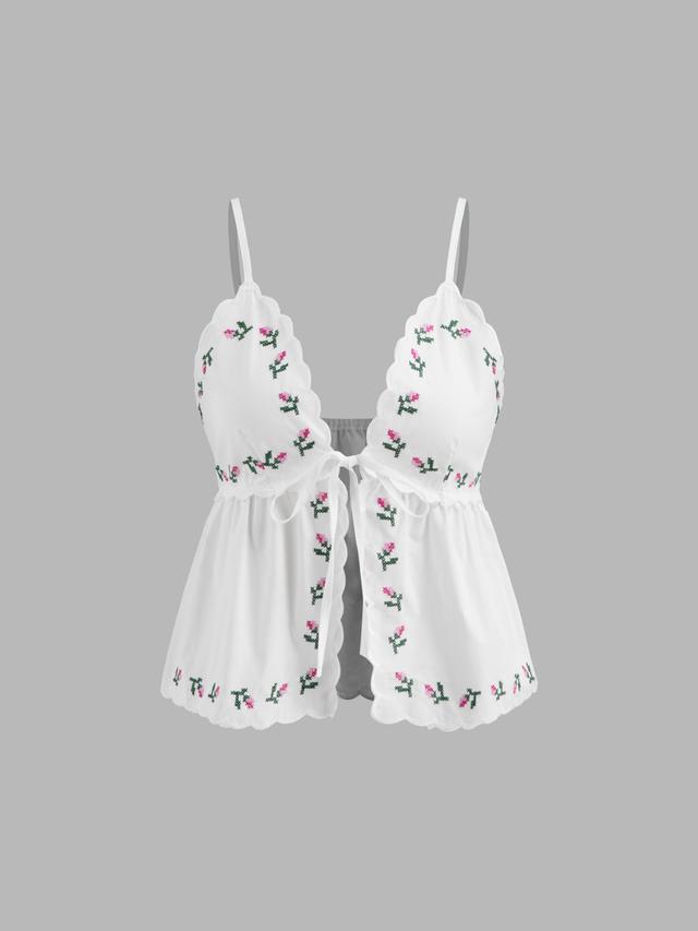 100% Cotton V-neck Floral Embroidery Tie Front Bow Wave Trim Cami Top Product Image