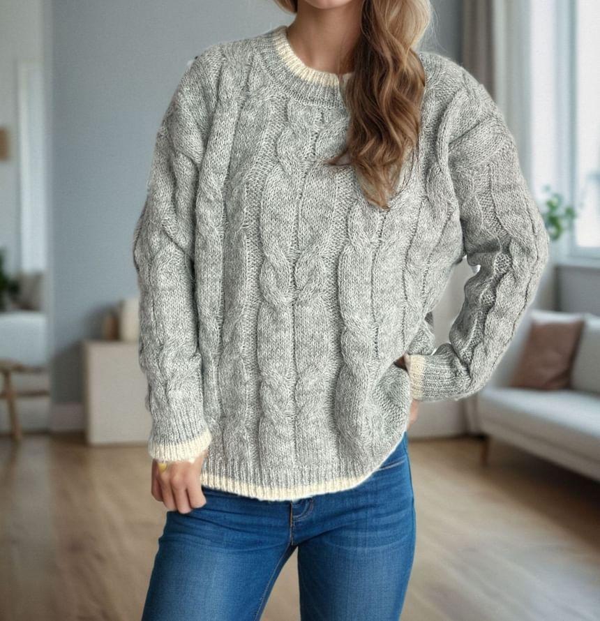 Crew Neck Plain Contrast Trim Cable-Knit Sweater Product Image