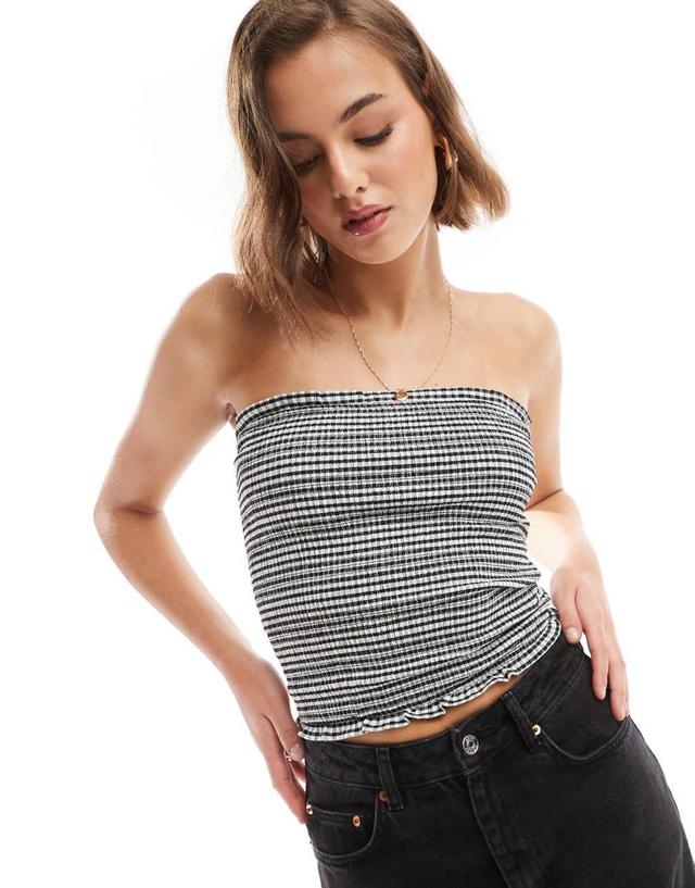 Bershka shirred bandeau top in black & white gingham print Product Image