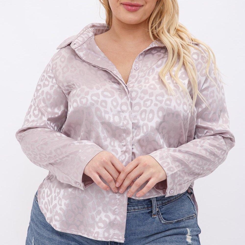 Plus Satin Grey Leopard Top Product Image