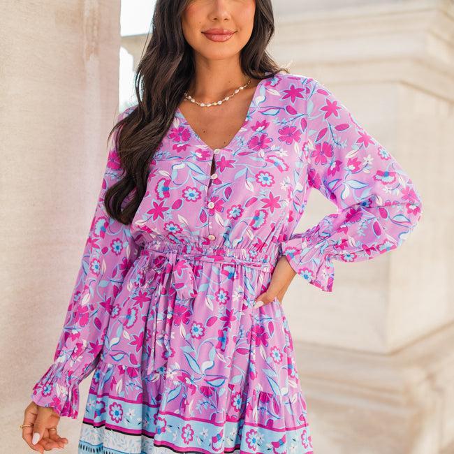 Finding My Place Purple and Blue Wrap Top Border Print Dress product image