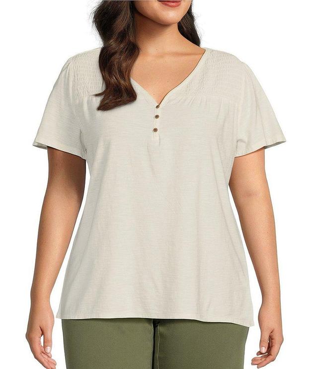 Westbound Plus Size Stretch Flutter Short Sleeve Smocked Button Front V-Neck Top Product Image