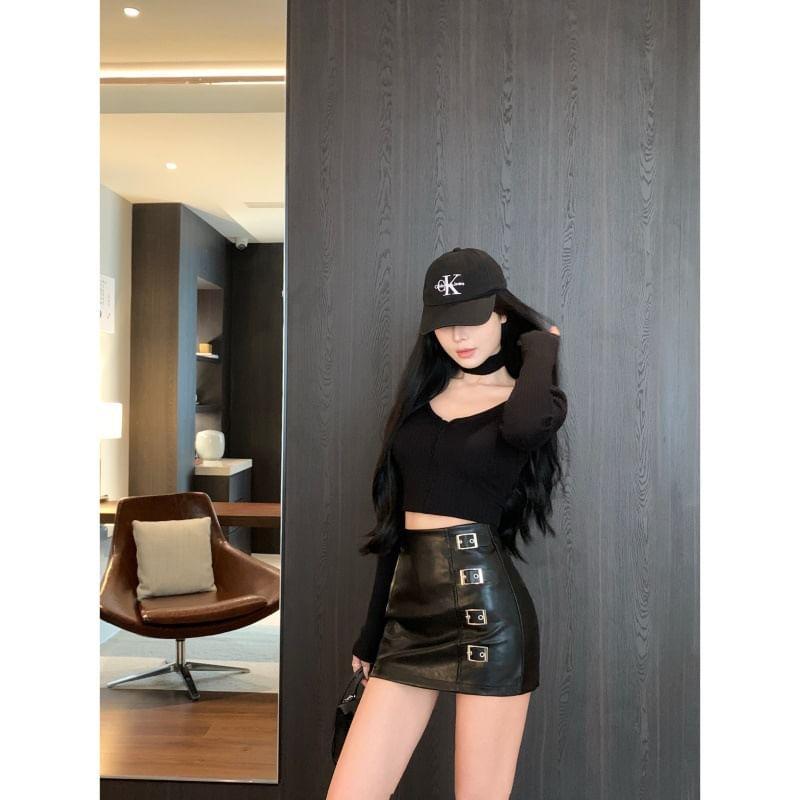 High Rise Faux Leather Mini Pencil Skirt Product Image