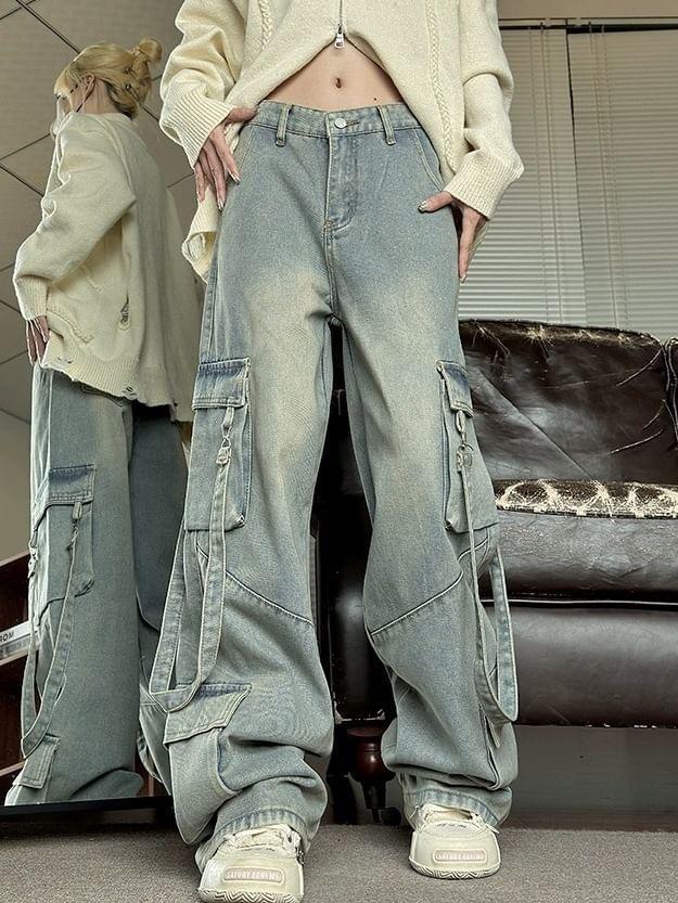 Mid Rise Washed Wide Leg Cargo Jeans / High Rise Straight Leg Jeans Product Image