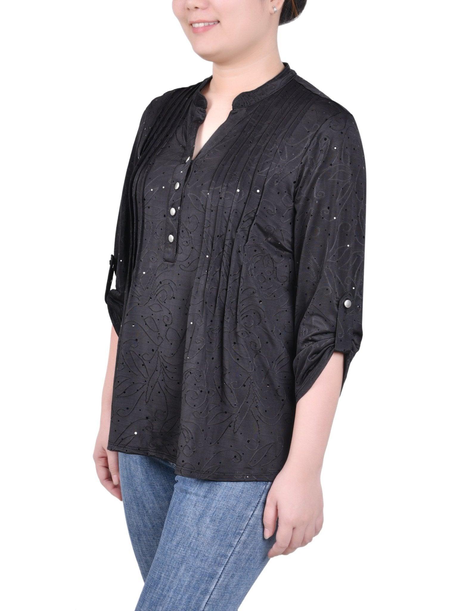 3/4 Length Sleeve Roll Tab Y Neck Top - Petite Product Image