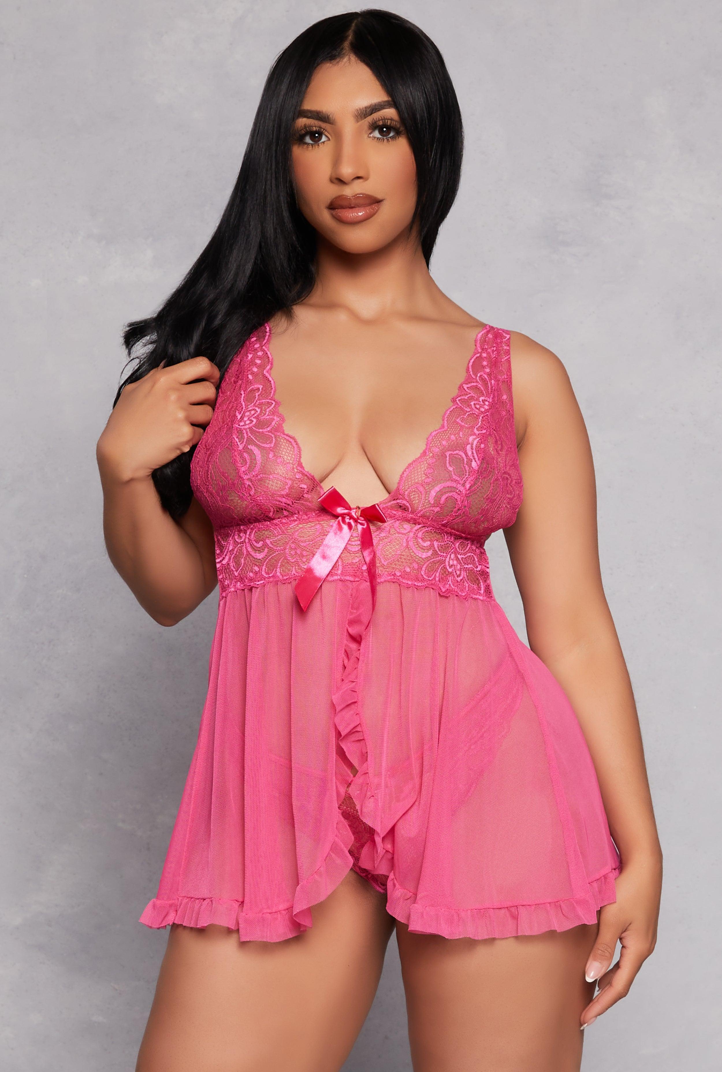 Womens Bow Detail Lace Babydoll and Thong Panty Product Image