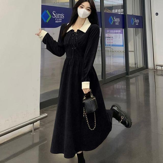 Long-Sleeve Collar Plain Lace-Up Midi A-Line Dress Product Image