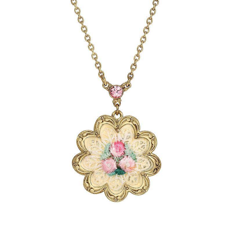 1928 White and Pink Knit Flower Pendant Necklace, Womens Product Image