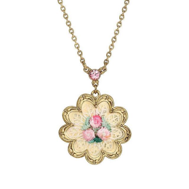 1928 White and Pink Knit Flower Pendant Necklace, Womens Product Image