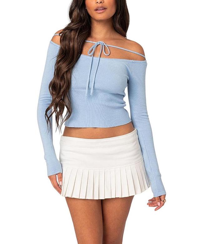 EDIKTED Jane Tie Front Off the Shoulder Long Sleeve Crop Top Product Image