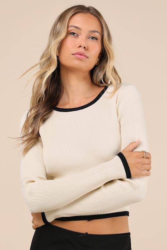 Effortless Mode Cream Ribbed Cutout Long Sleeve Sweater Top Product Image