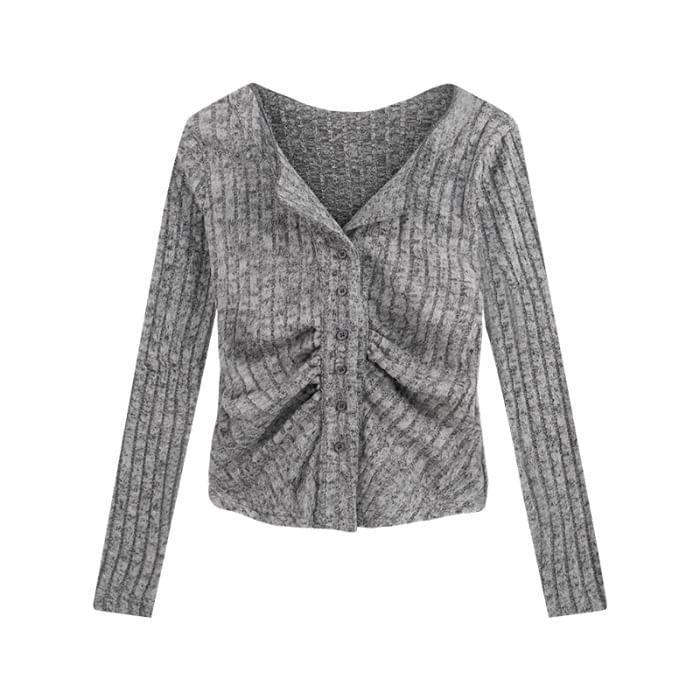 Long Sleeve V-Neck Plain Slim-Fit Cardigan Product Image