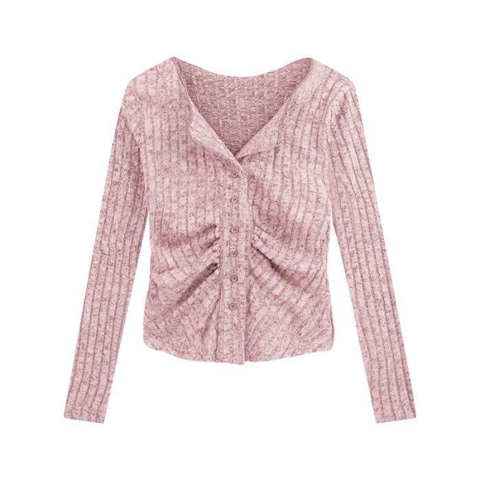 Long Sleeve V-Neck Plain Slim-Fit Cardigan Product Image