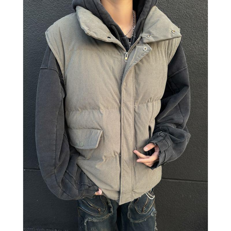 Stand Collar Plain Corduroy Zip Puffer Vest Product Image