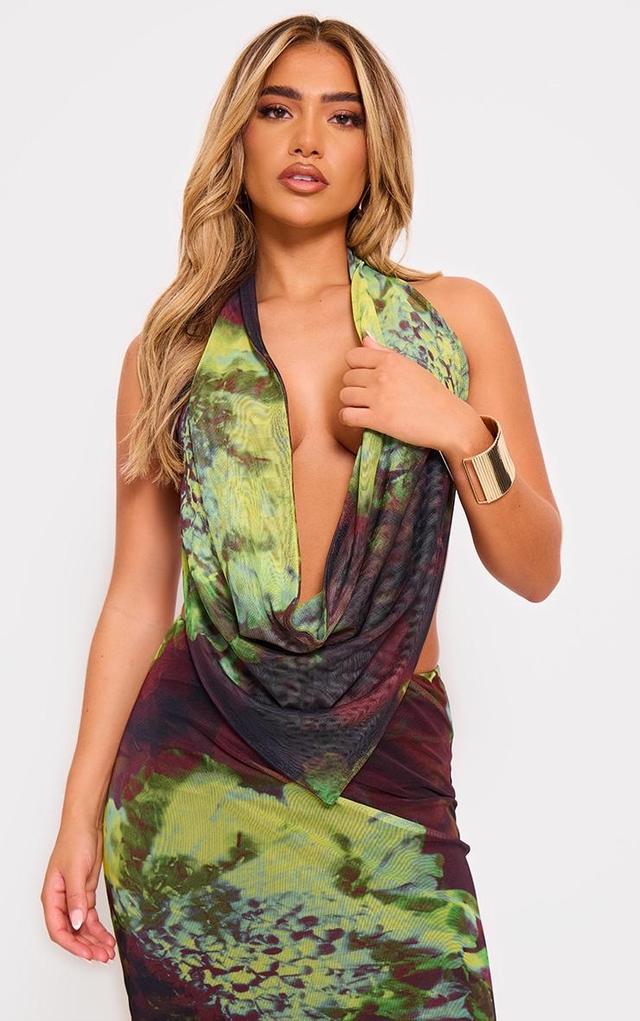 Purple Floral Print Mesh Cowl Backless Top Product Image