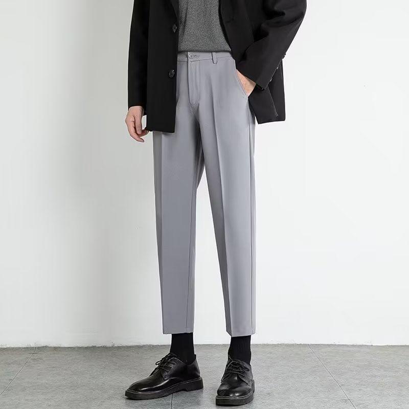 Mid Rise Plain Cropped Straight Leg Dress Pants Product Image