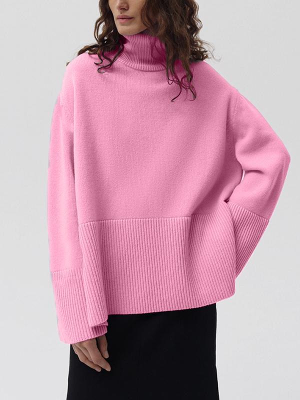 Long Sleeves Loose Pleated Solid Color Split-Side High Neck Sweater Tops Product Image