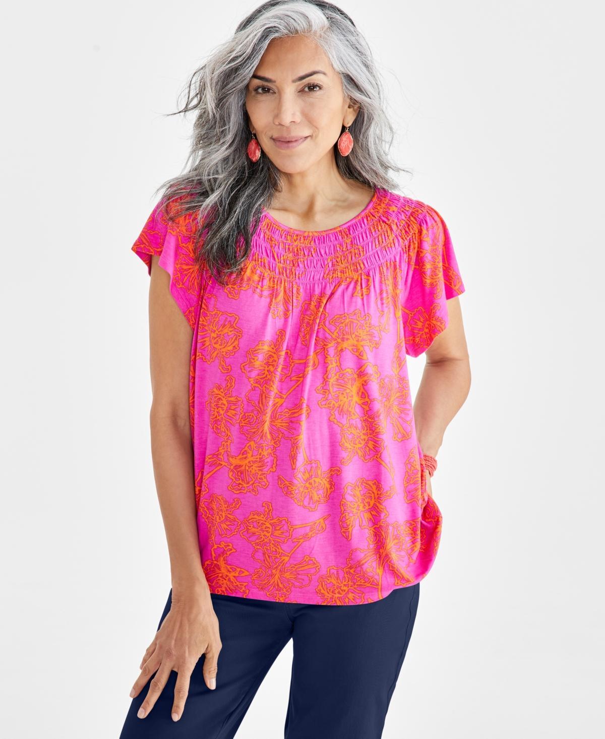 Style & Co Womens Printed Smocked-Neck Knit Top, Created for Macys Product Image