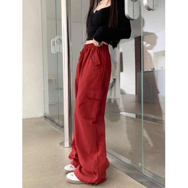 Drawstring Waist Plain Wide Leg Cargo Pants Product Image