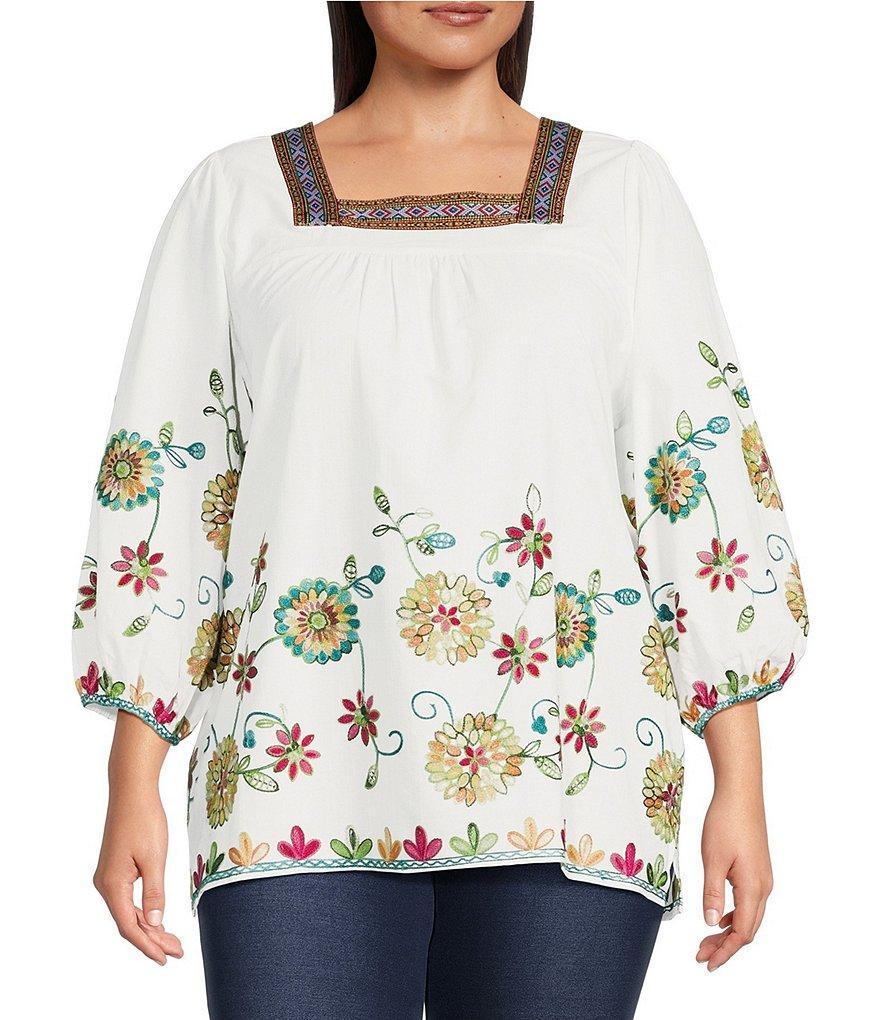 Calessa Plus Size Floral Embroidered Square Neck 3/4 Sleeve Tunic Product Image