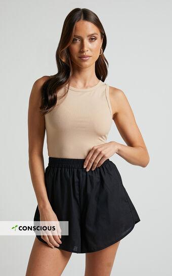 Cartia Short - Linen Look Elasticated Curved Hem Soft Shorts in Black Product Image