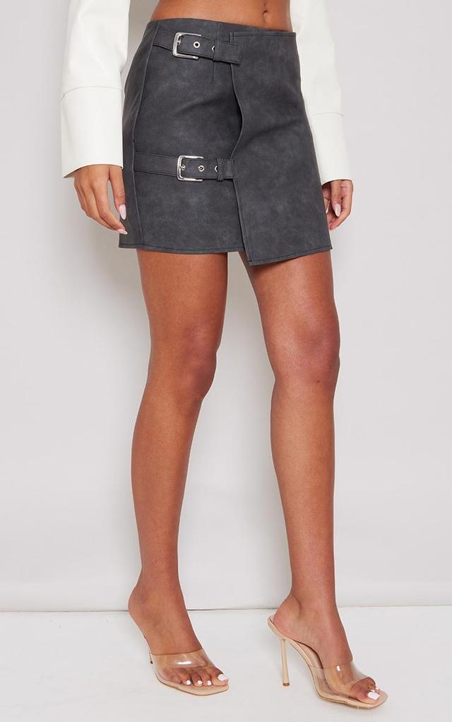 Tall Washed Black Faux Leather Buckle Detail Mini Skirt Product Image