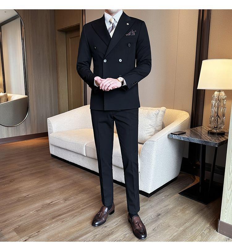 Set: Plain Double-Breasted Blazer + Dress Pants Product Image