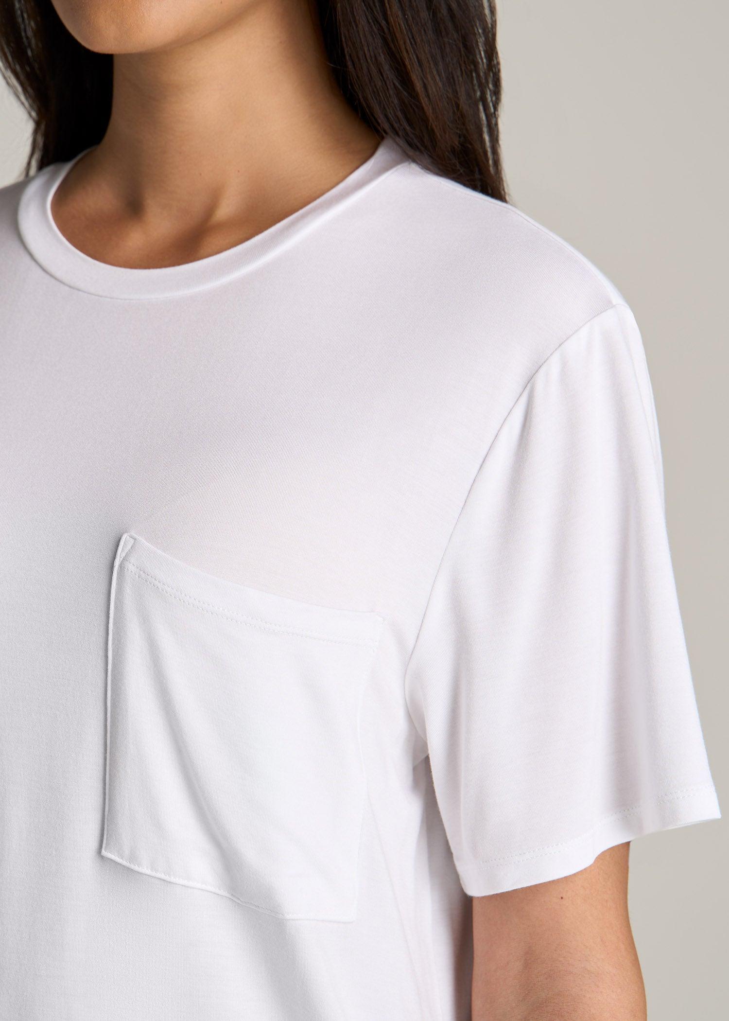 Short-Sleeve Oversized Crewneck Pocket T-Shirt for Tall Women in White Product Image