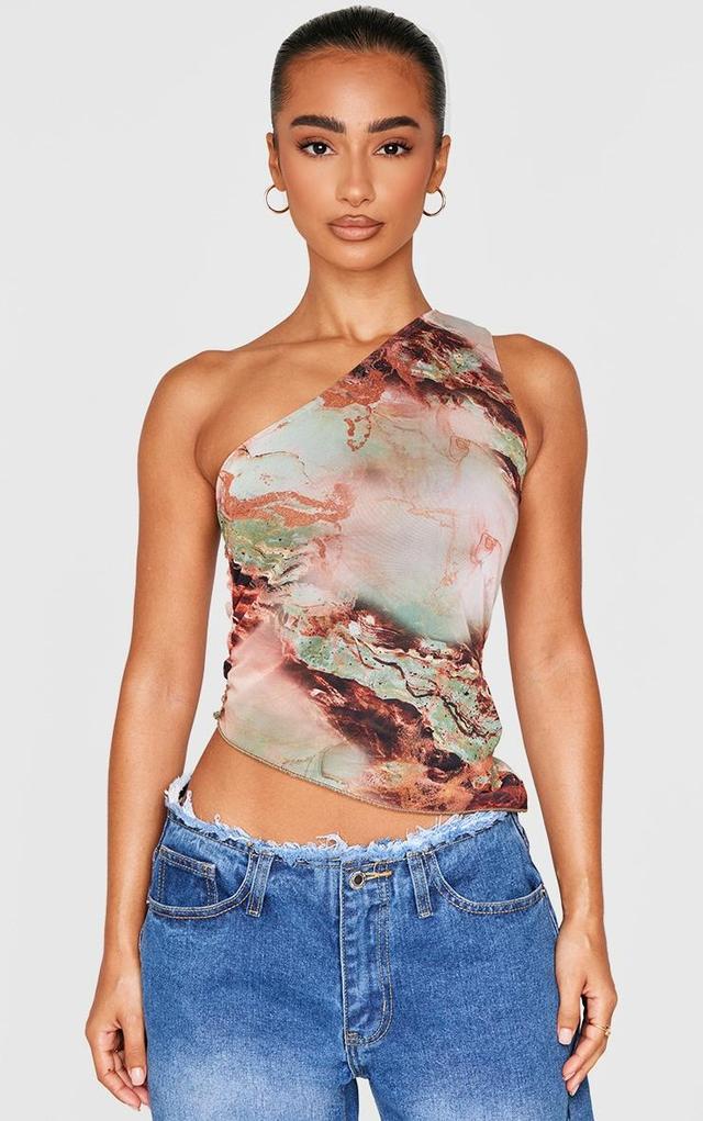 Petite Green Printed Mesh One Shoulder Asymmetric Top Product Image