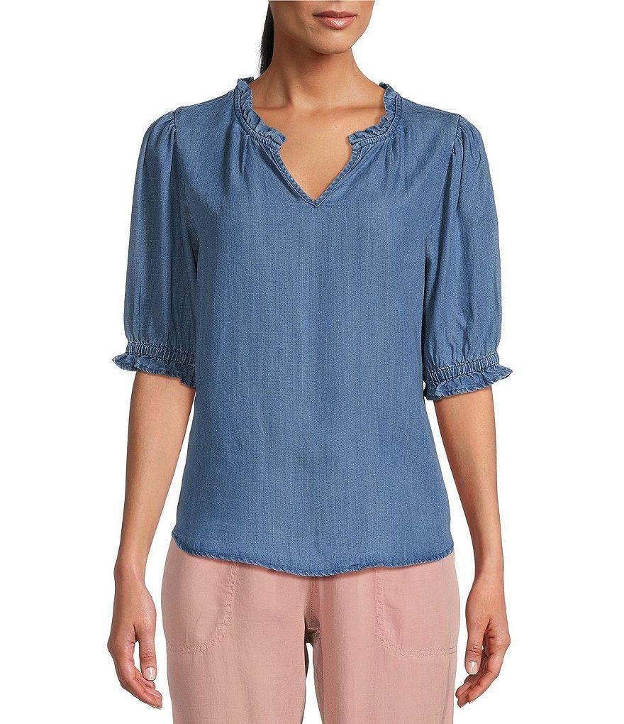 Nurture by Westbound Woven Short Sleeve Split V-Neck Top Product Image