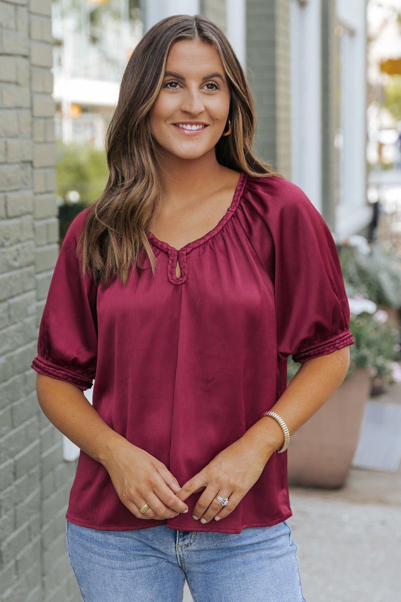 Be Seeing You Puff Sleeve Satin Top - Wine - FINAL SALE Product Image