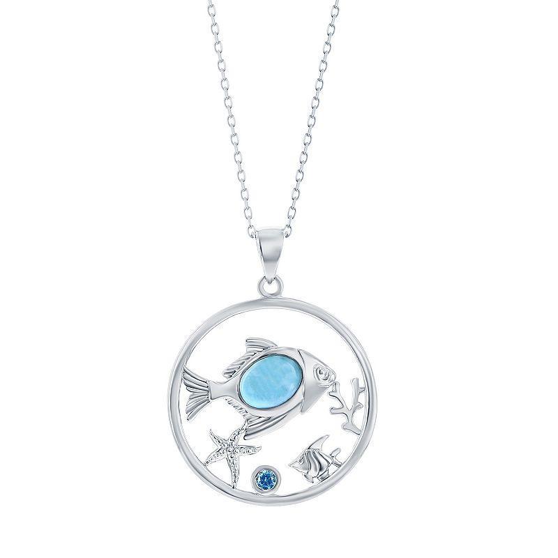 Sterling Silver Larimar Fish With Blue Cubic Zirconia Pendant Necklace, Womens Product Image