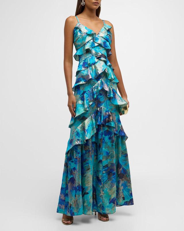 Ramy Brook Harlen Metallic Floral Ruffle Gown Product Image