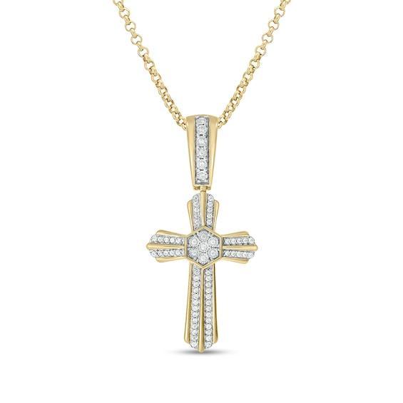 Men's 1/5 CT. T.w. Hexagonal Multi-Diamond Double-Row Cross Pendant in Sterling Silver with 14K Gold Plate Product Image