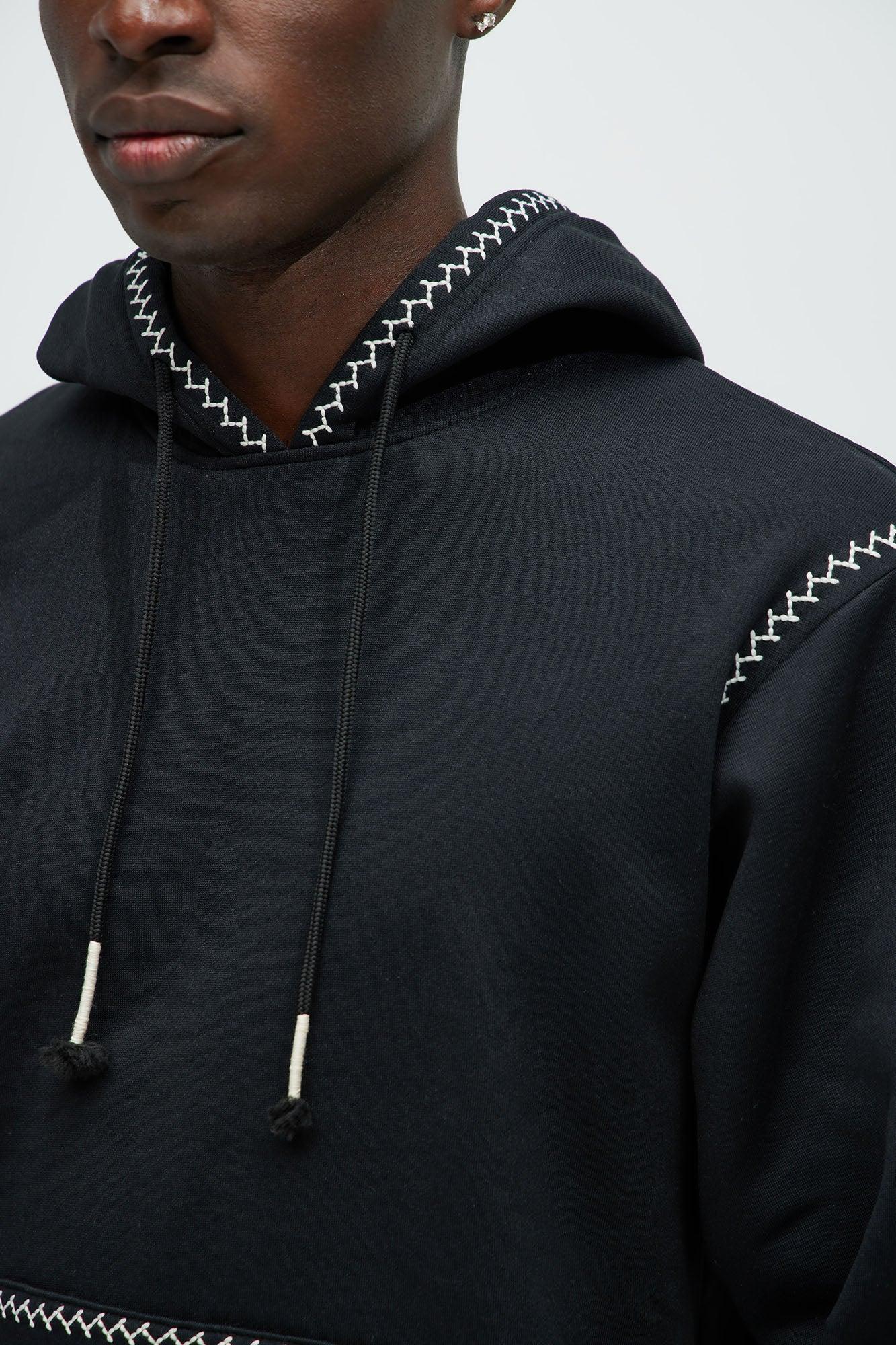 Casual Contrast Stitch Hoodie - Black Product Image