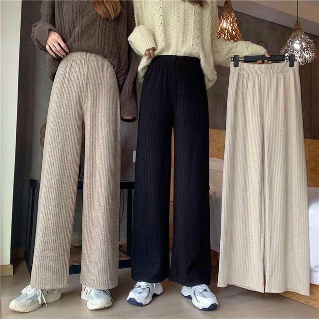 Mid Rise Plain Ribbed Wide Leg Pants (Various Designs) Product Image