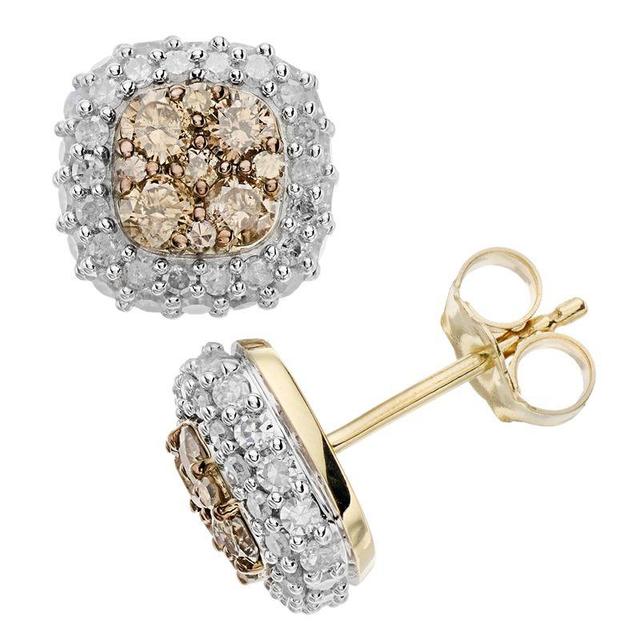 14k Gold 1-1/2 Carat T.W. Champagne & White Diamond Halo Stud Earrings, Womens, Brown Product Image