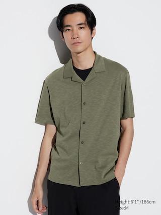 Mens Airism Cotton Full Open Polo Shirt (Open Collar) Olive Large UNIQLO US Product Image