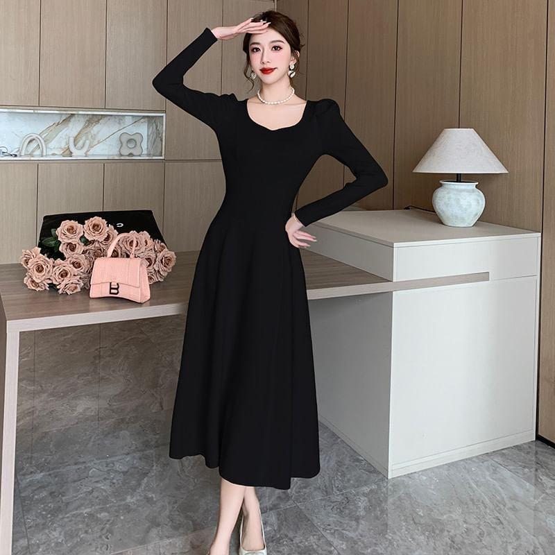 Long-Sleeve Plain Midi A-Line Knit Dress Product Image