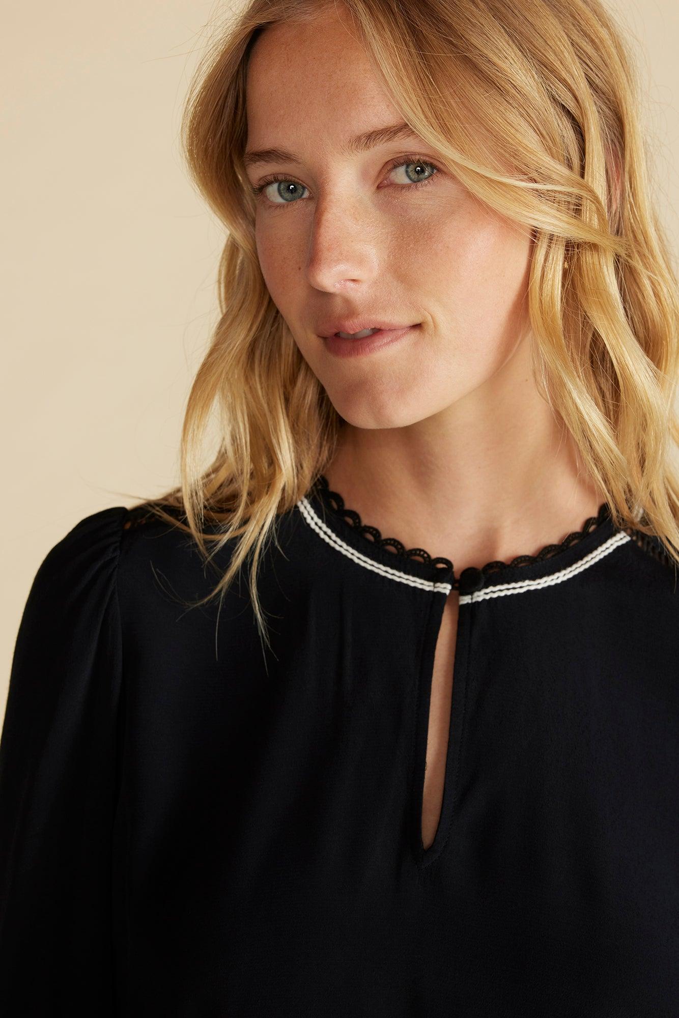 Minna Viscose Crepe Blouse - Black with White Trim Product Image