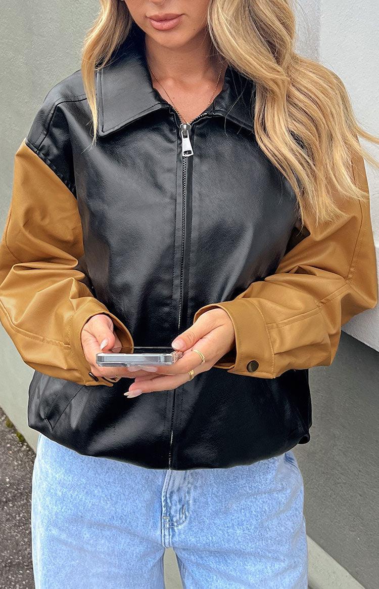 Abbi PU Black And Brown Contrast Bomber Jacket Product Image