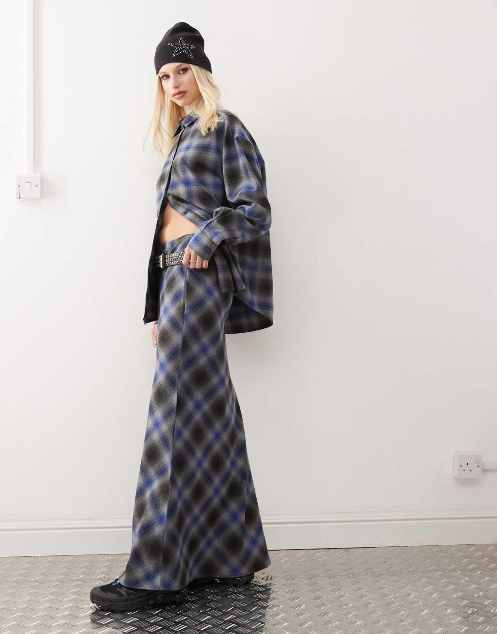 COLLUSION slip maxi skirt in gray and blue check Product Image