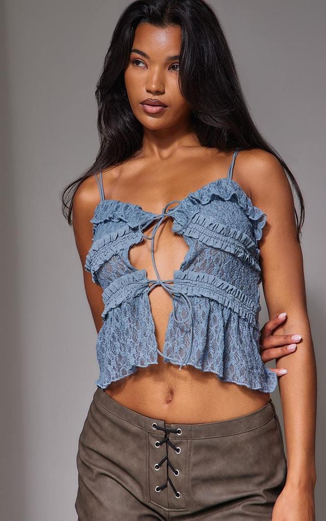 Blue Lace Ruffle Double Tie Strappy Top Product Image