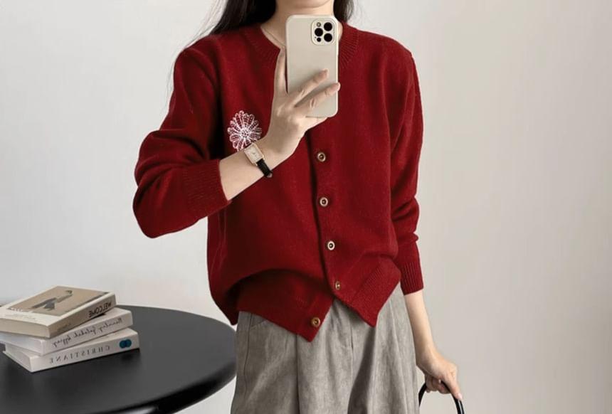 Crew Neck Floral Embroidered Button-Up Cardigan Product Image