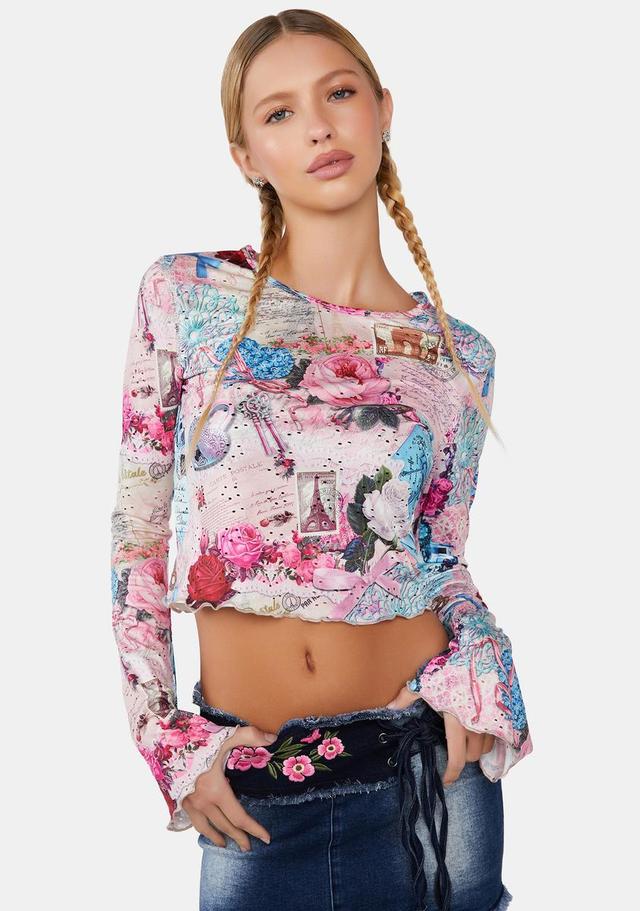 Delia's Postcard Print Pointelle Long Sleeve Crop Top - Multi Product Image