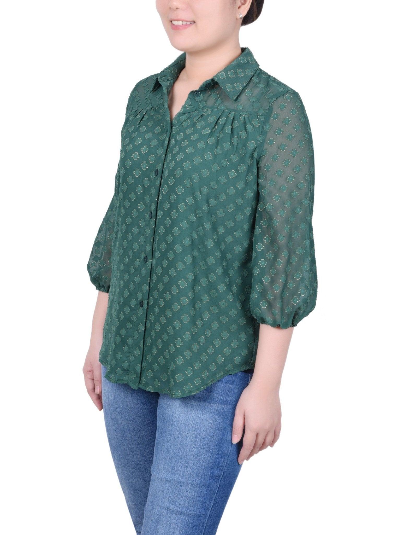 3/4 Length Sleeve Foiled Jacquard Chiffon Blouse - Petite Product Image