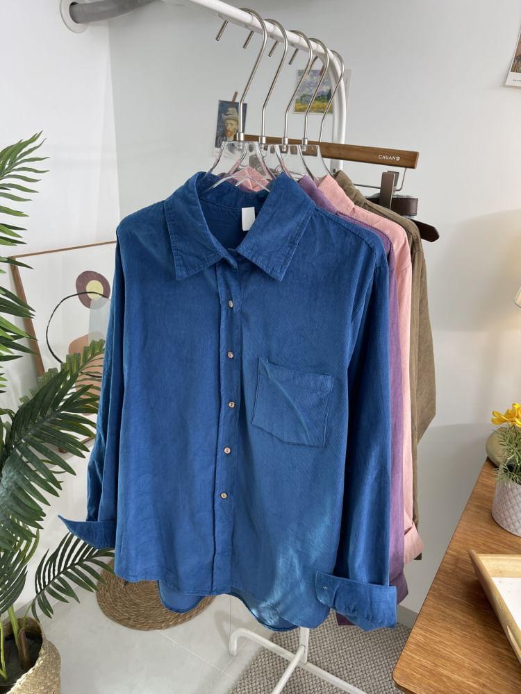 Long-Sleeve Plain Button-Up Shirt Product Image