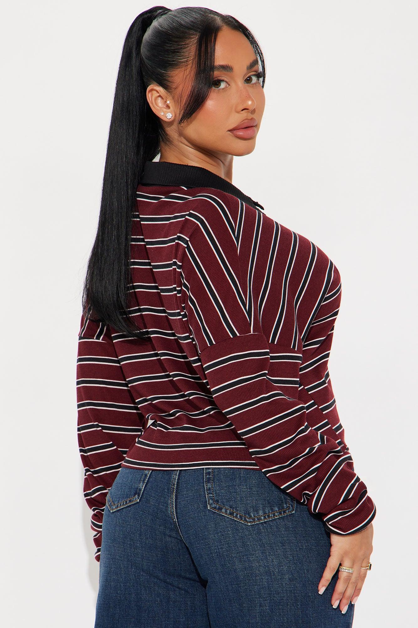 Sloane Striped Polo Top - Burgundy Product Image