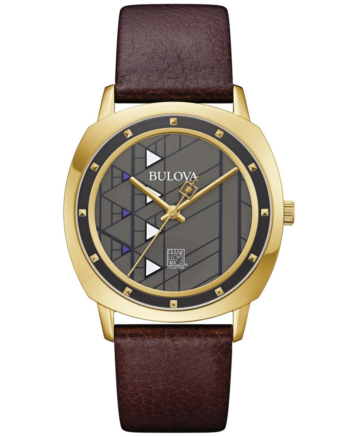 Men's Bulova Frank Lloyd Wright Gold-Tone Brown Leather Strap Watch with Grey Dial (Model: 97A173) Product Image