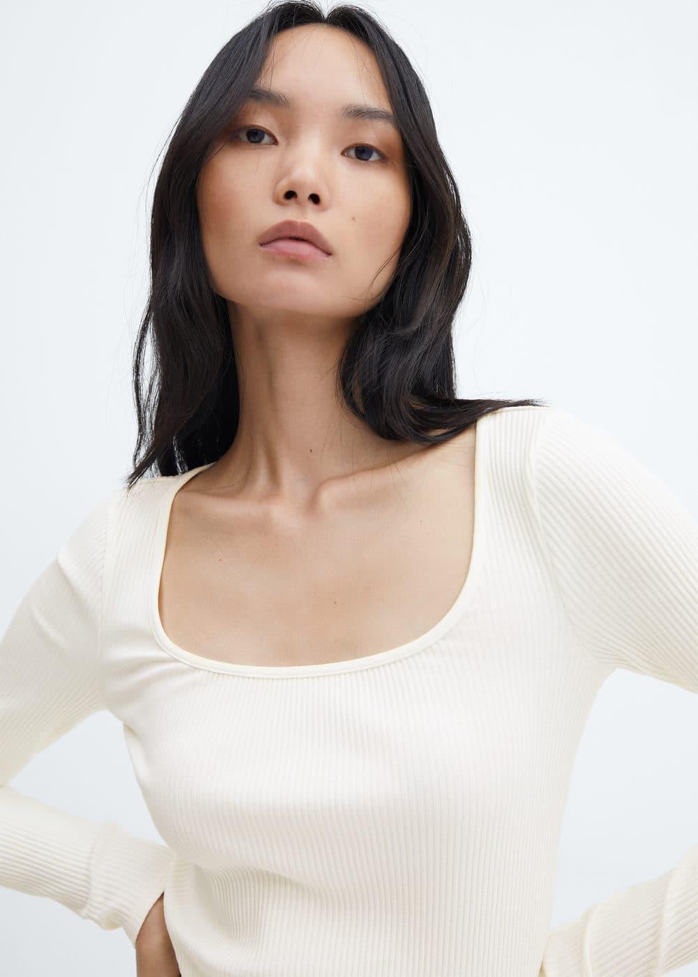 MANGO - Ribbed Squared neckline t-shirt off whiteWomen Product Image